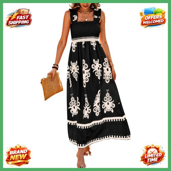 Boho Maxi Dress Sleeveless Square Neck Floral A-Line Smocked Beach with Pockets